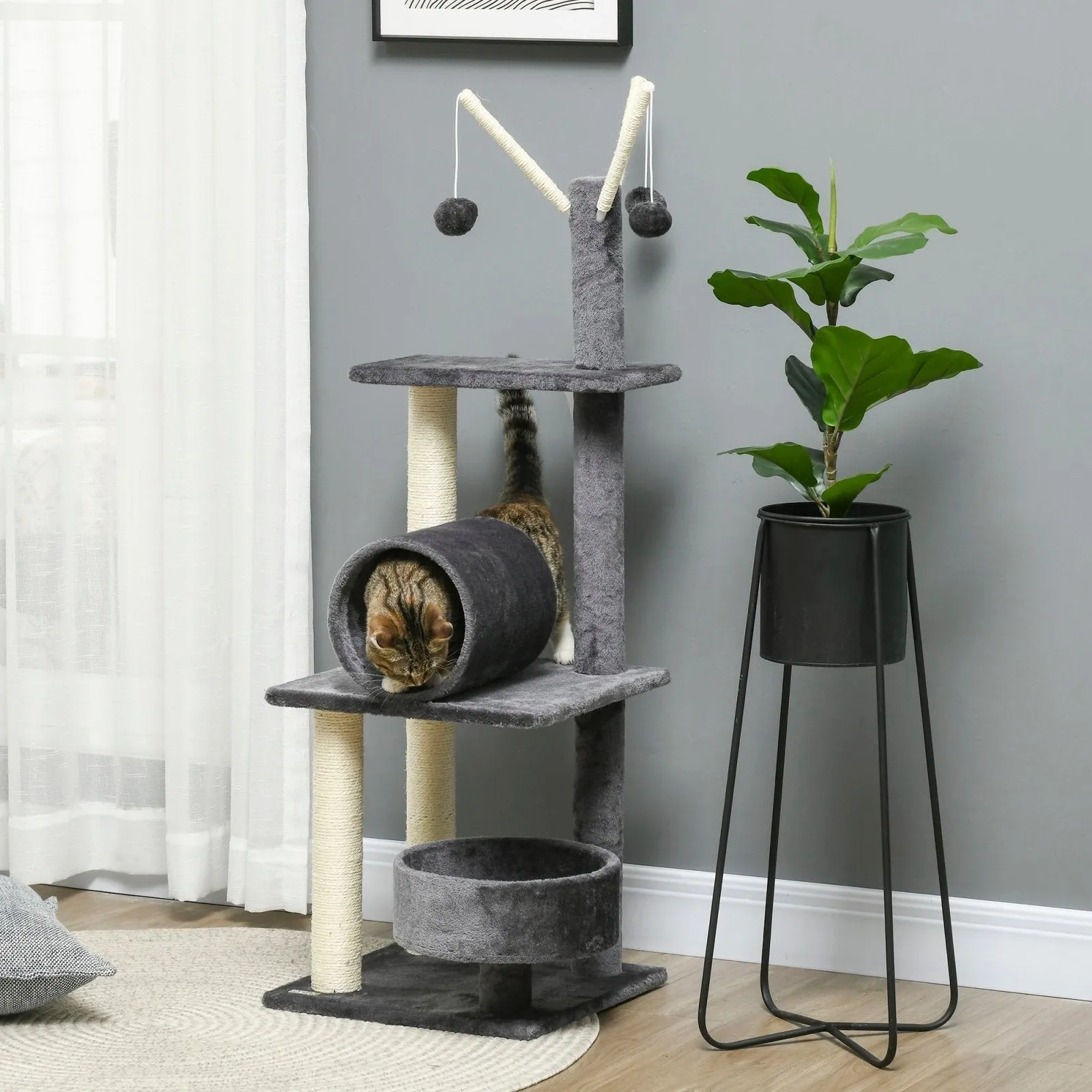 121cm Cat Tree Tower for Indoor Cats Kitten Activity Center Scratching Post with Bed Tunnel Perch Interactive Ball Toy Grey