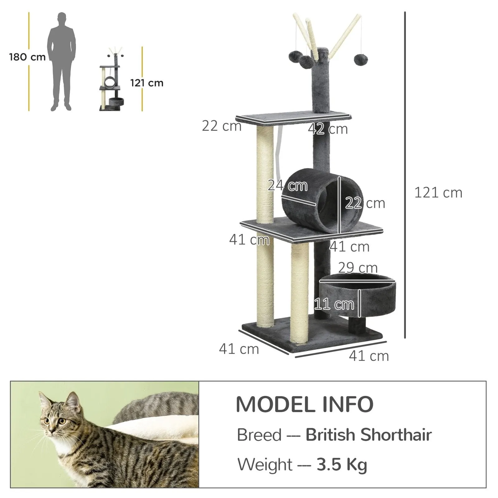 121cm Cat Tree Tower for Indoor Cats Kitten Activity Center Scratching Post with Bed Tunnel Perch Interactive Ball Toy Grey