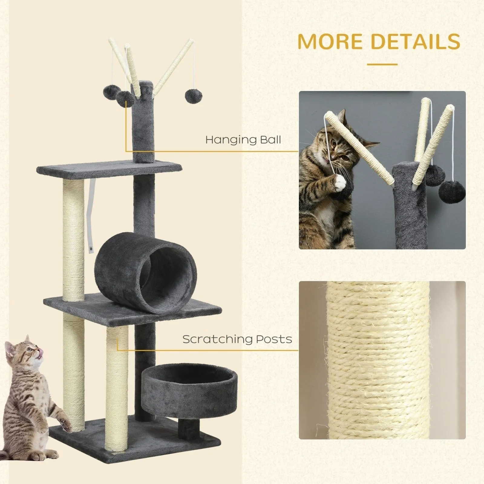 121cm Cat Tree Tower for Indoor Cats Kitten Activity Center Scratching Post with Bed Tunnel Perch Interactive Ball Toy Grey