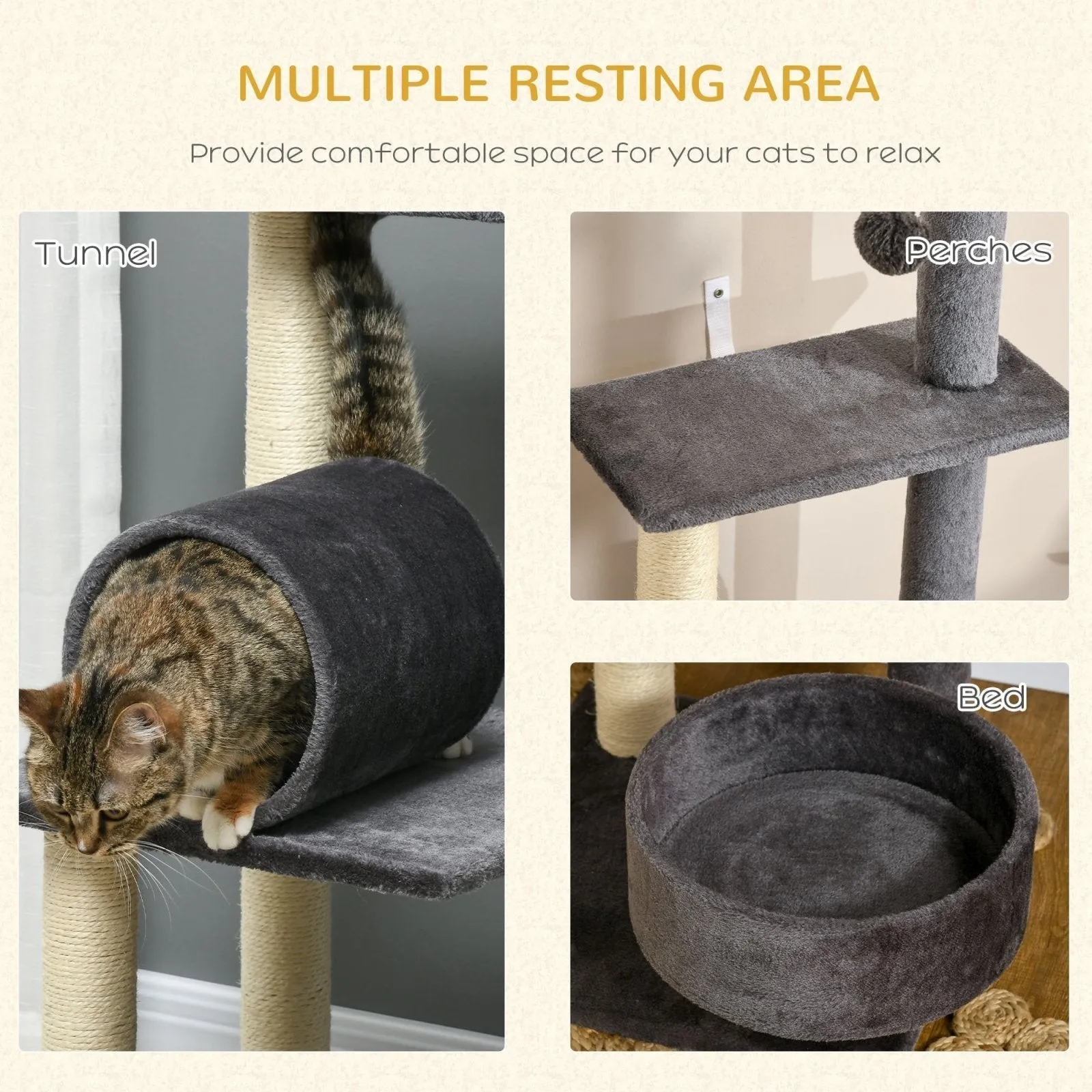 121cm Cat Tree Tower for Indoor Cats Kitten Activity Center Scratching Post with Bed Tunnel Perch Interactive Ball Toy Grey