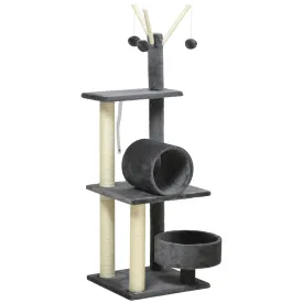 121cm Cat Tree Tower for Indoor Cats Kitten Activity Center Scratching Post with Bed Tunnel Perch Interactive Ball Toy Grey