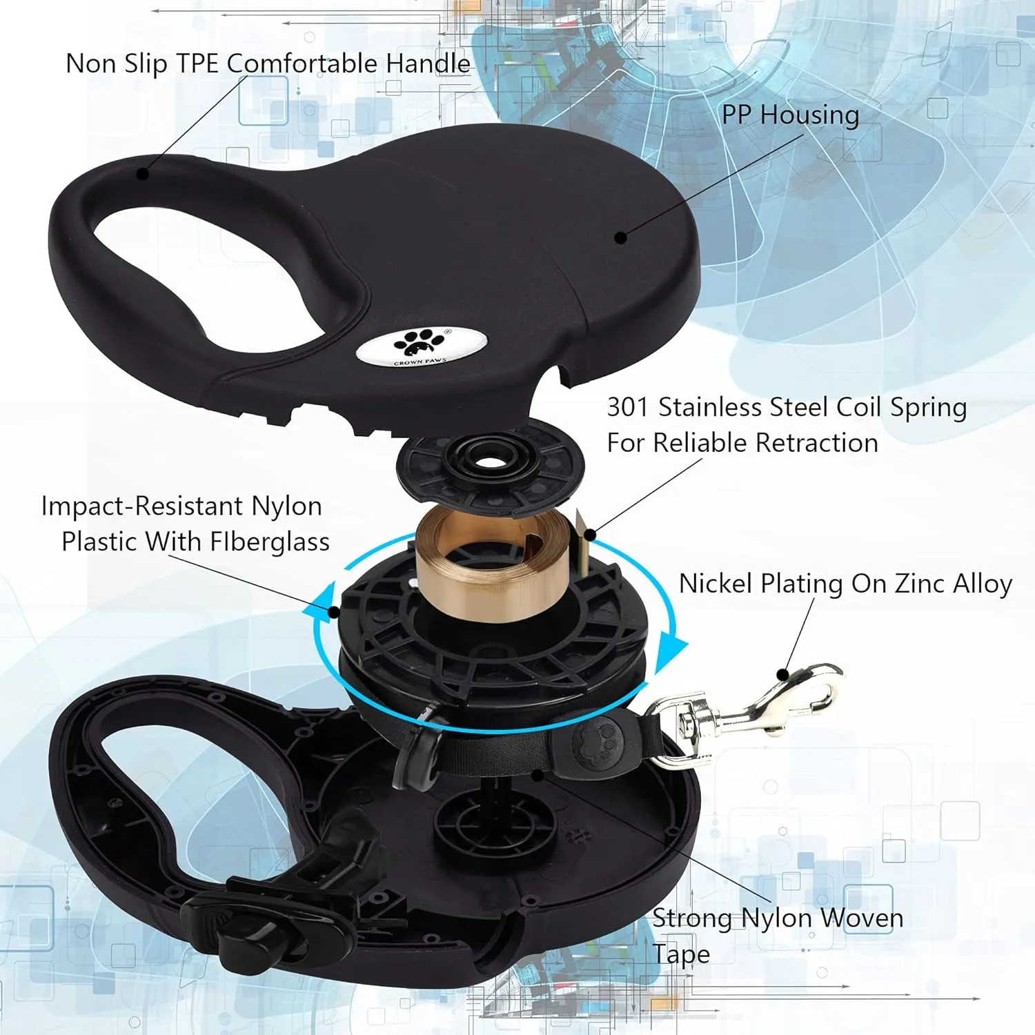16 ft Retractable Dog Leash for Large Dogs up to 44 lbs,Tangle-Free Nylon Tape,Black M