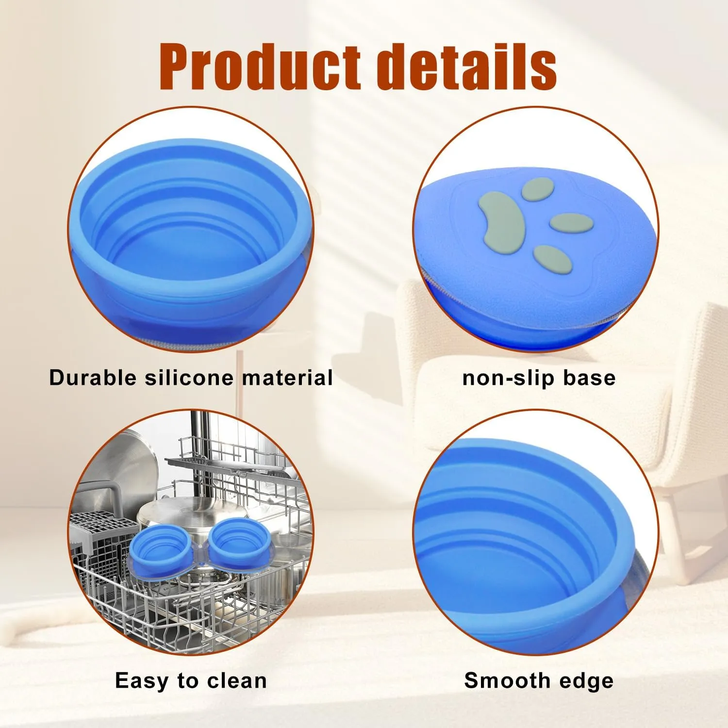 2-in-1 Collapsible Silicone Pet Bowl Double Compartment Non-Slip Dog Cat Dish for Travel with Carabiner Clip (Blue)