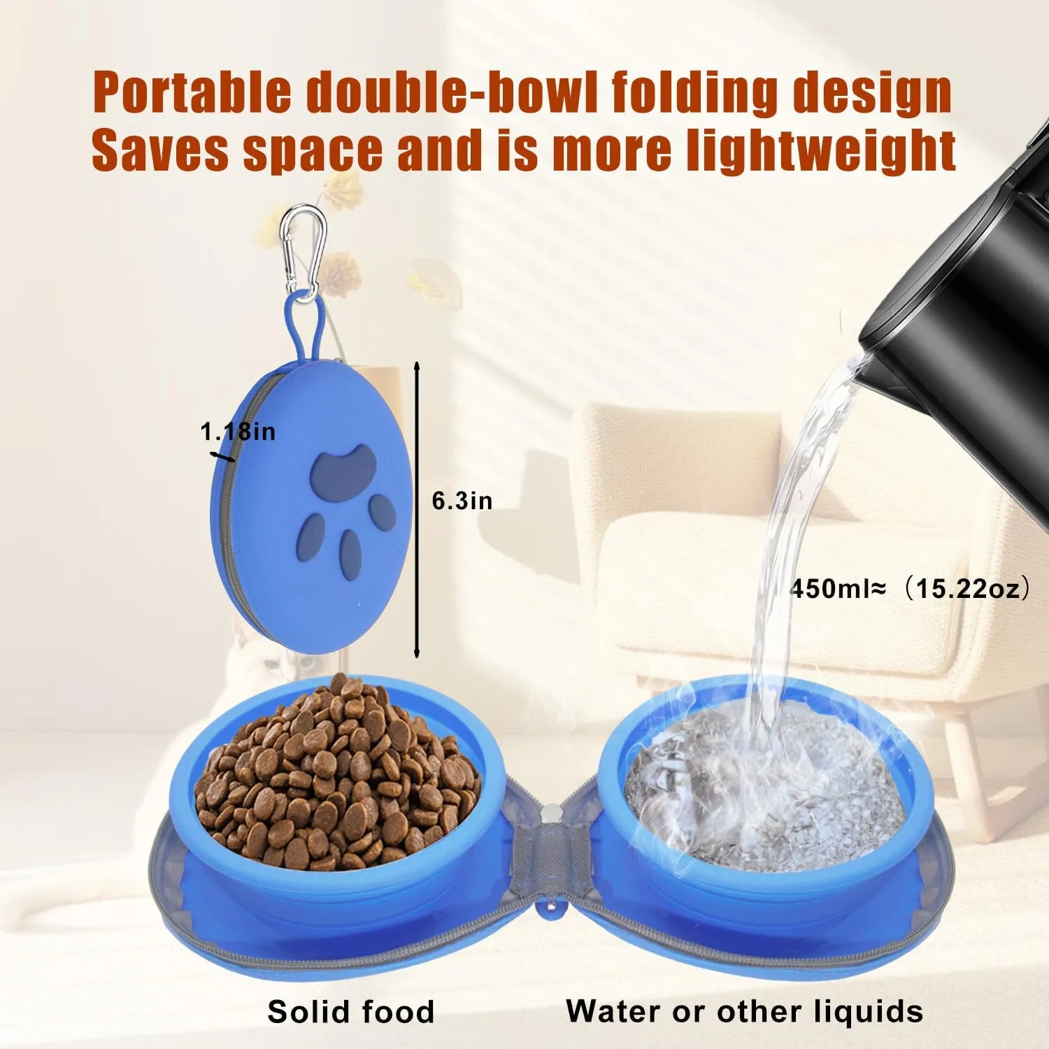 2-in-1 Collapsible Silicone Pet Bowl Double Compartment Non-Slip Dog Cat Dish for Travel with Carabiner Clip (Blue)