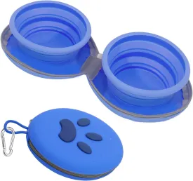 2-in-1 Collapsible Silicone Pet Bowl Double Compartment Non-Slip Dog Cat Dish for Travel with Carabiner Clip (Blue)