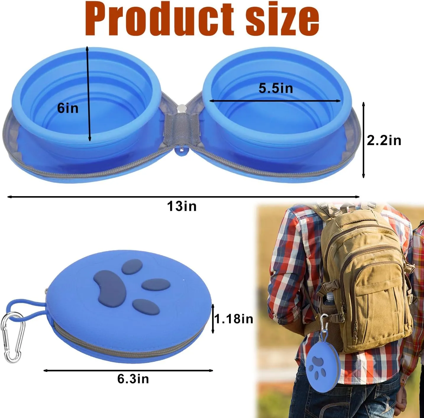 2-in-1 Collapsible Silicone Pet Bowl Double Compartment Non-Slip Dog Cat Dish for Travel with Carabiner Clip (Blue)