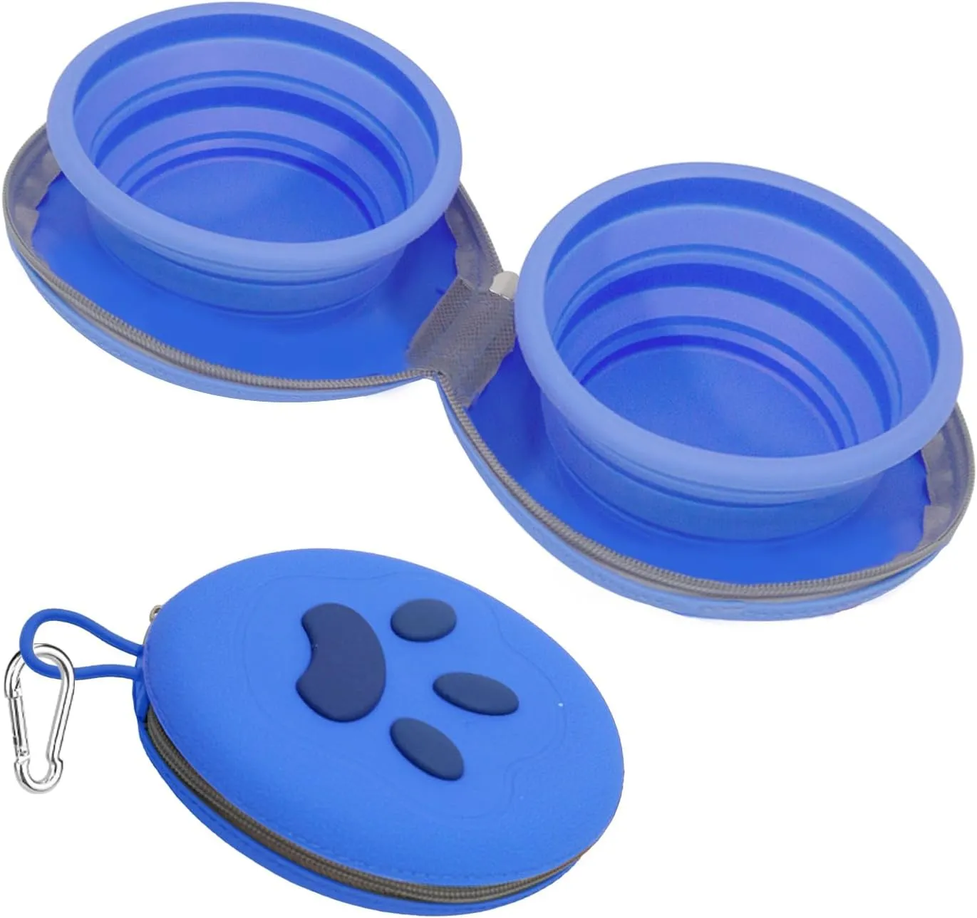 2-in-1 Collapsible Silicone Pet Bowl Double Compartment Non-Slip Dog Cat Dish for Travel with Carabiner Clip (Blue)