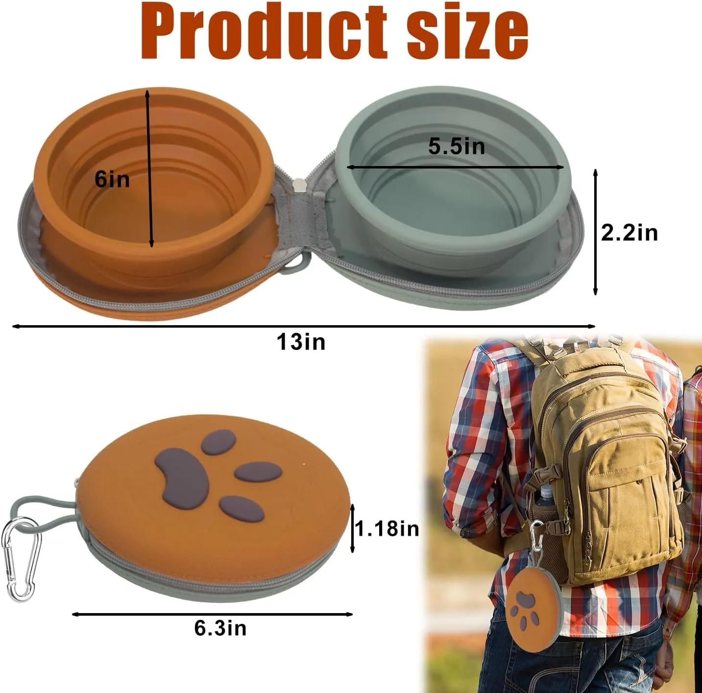 2-in-1 Collapsible Silicone Pet Bowl Double Compartment Non-Slip Dog Cat Dish for Travel with Carabiner ClipGreen Brown