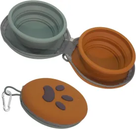 2-in-1 Collapsible Silicone Pet Bowl Double Compartment Non-Slip Dog Cat Dish for Travel with Carabiner ClipGreen Brown