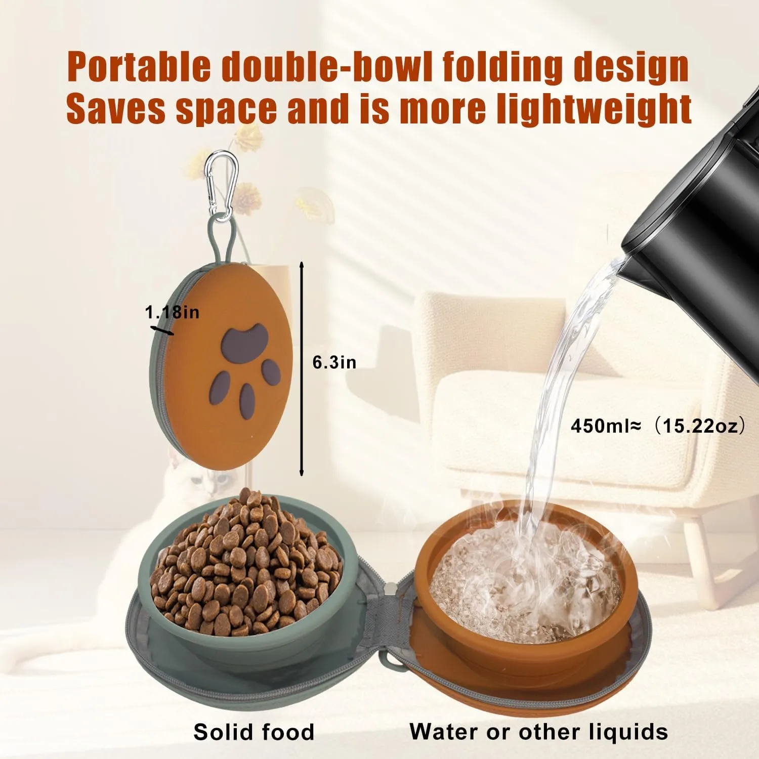 2-in-1 Collapsible Silicone Pet Bowl Double Compartment Non-Slip Dog Cat Dish for Travel with Carabiner ClipGreen Brown