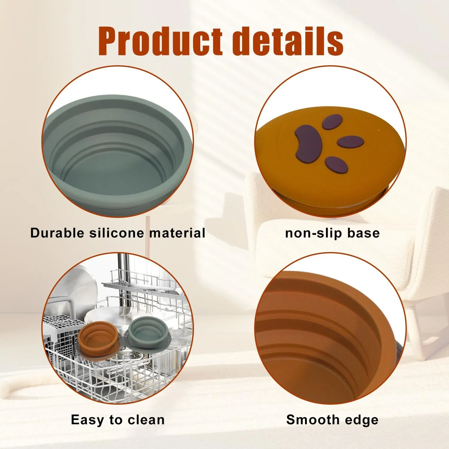 2-in-1 Collapsible Silicone Pet Bowl Double Compartment Non-Slip Dog Cat Dish for Travel with Carabiner ClipGreen Brown