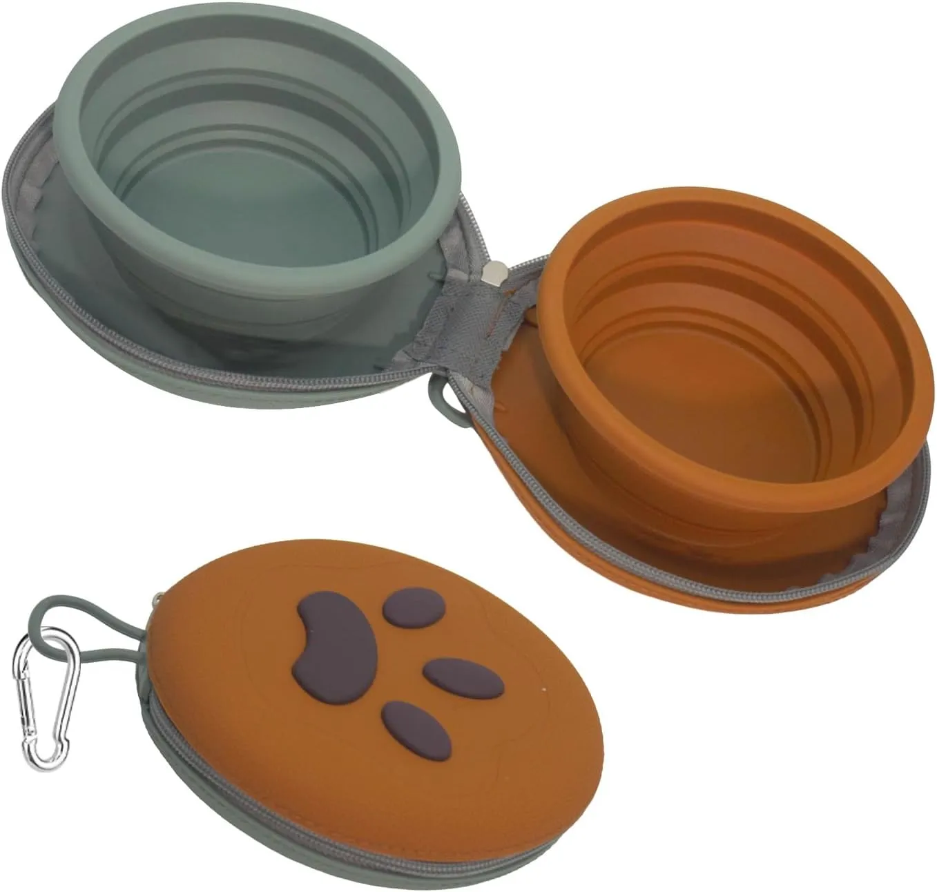 2-in-1 Collapsible Silicone Pet Bowl Double Compartment Non-Slip Dog Cat Dish for Travel with Carabiner ClipGreen Brown