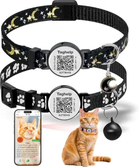 2 Pack Reflective Cat Collar with Moons Stars & Bell - Breakaway Safety Collar Elastic Design, QR Code ID Tag & Night Safety Feature for Indoor/Outdoor boy Girls Cats (Black)