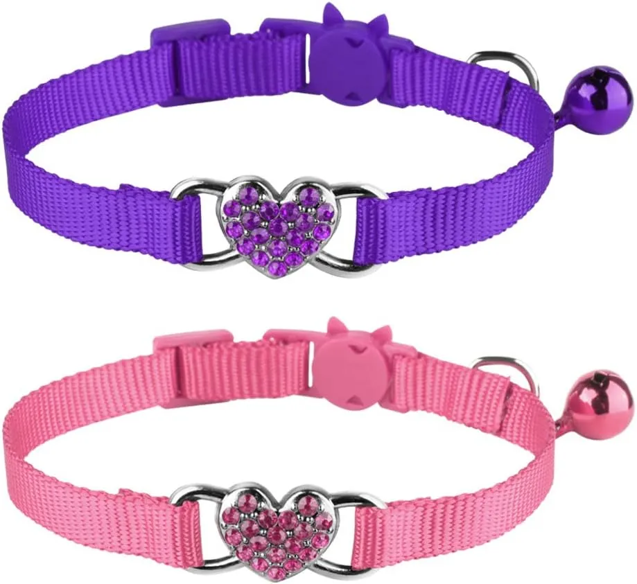 2 Pcs Cat Collars Heart Bling Breakaway with Bell Nylon Adjustable for Kitty (Pink Purple)