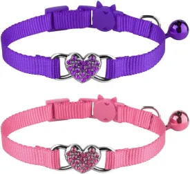 2 Pcs Cat Collars Heart Bling Breakaway with Bell Nylon Adjustable for Kitty (Pink Purple)