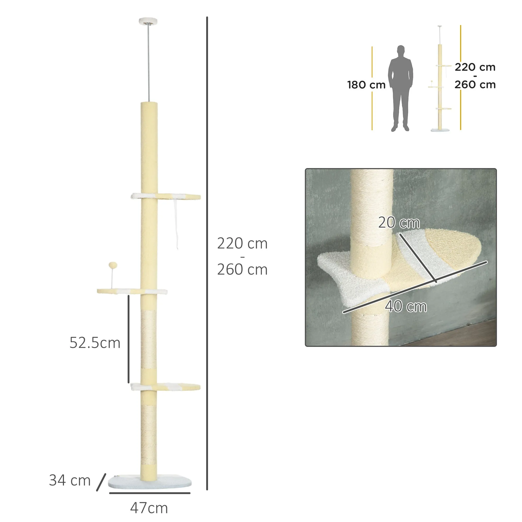 260cm Cat Tower Cat Tree Floor to Ceiling Height Adjustable with Anti-slip Kit and Fish-shaped Scratching Post Ball Yellow