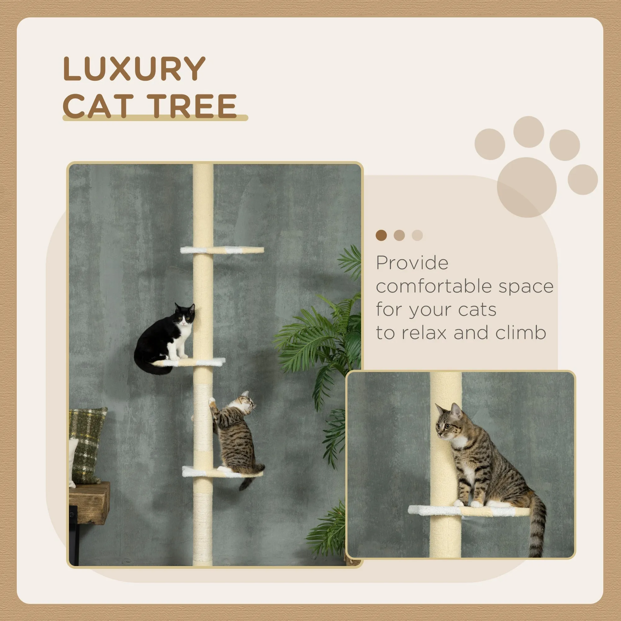 260cm Cat Tower Cat Tree Floor to Ceiling Height Adjustable with Anti-slip Kit and Fish-shaped Scratching Post Ball Yellow