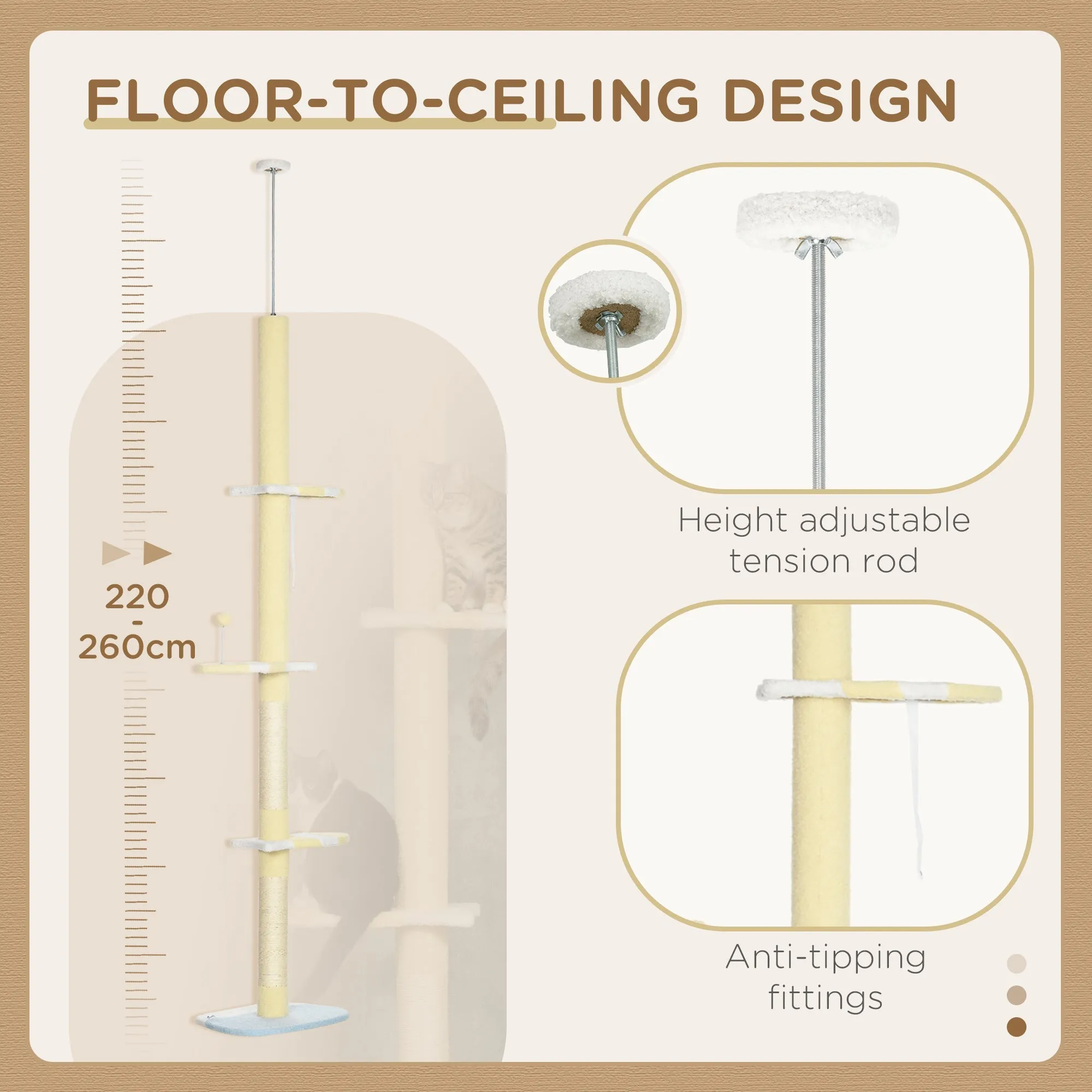 260cm Cat Tower Cat Tree Floor to Ceiling Height Adjustable with Anti-slip Kit and Fish-shaped Scratching Post Ball Yellow