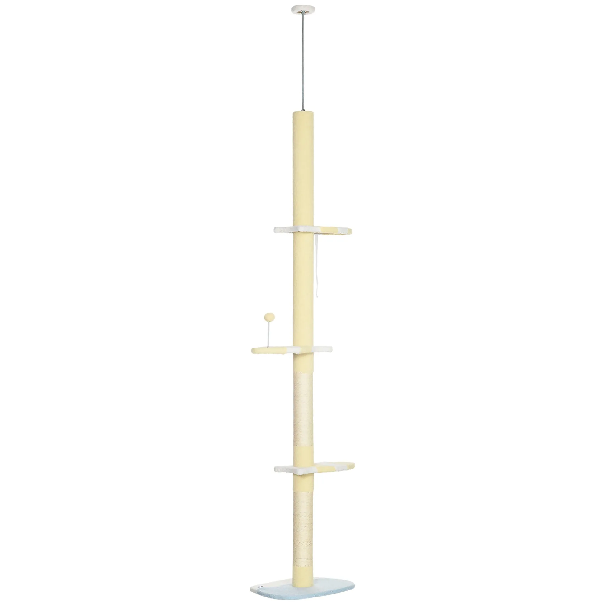 260cm Cat Tower Cat Tree Floor to Ceiling Height Adjustable with Anti-slip Kit and Fish-shaped Scratching Post Ball Yellow