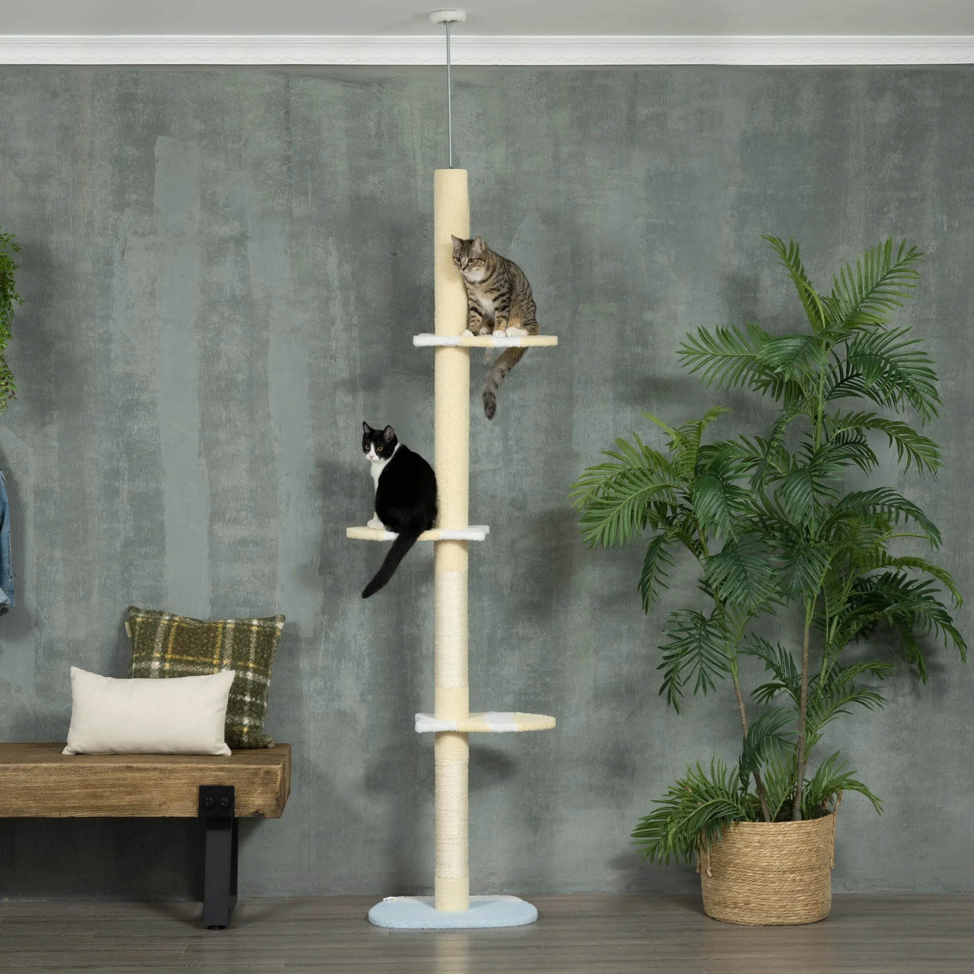 260cm Cat Tower Cat Tree Floor to Ceiling Height Adjustable with Anti-slip Kit and Fish-shaped Scratching Post Ball Yellow