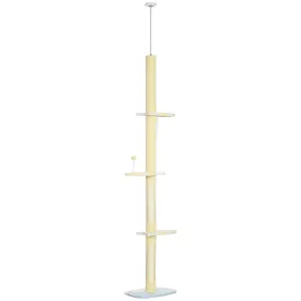 260cm Cat Tower Cat Tree Floor to Ceiling Height Adjustable with Anti-slip Kit and Fish-shaped Scratching Post Ball Yellow