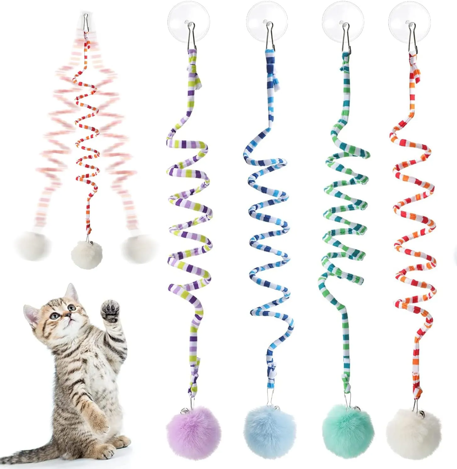 4 Pcs Cat Spring Toys Hanging Cat Toy Hanging Door Interactive Cat Toys Cat Ball Toys with Bell Long Tail Stretchable Soft Plush Cat Teaser Toy for Kitten Chase Play and Kill Time, Gradient