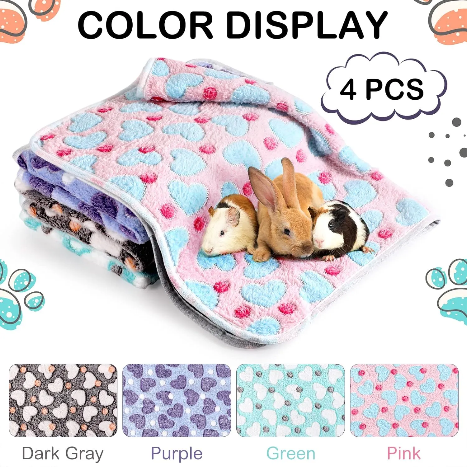 4 Pcs Waterproof Guinea Pig Blankets Washable Small Animal Fleece Bedding Absorbent Guinea Pig Cage Liners Reusable Pet Pee Pad Sleep Mat Pad Cover for Hamster Ferret (Heart Pattern,24 x 16 Inch)