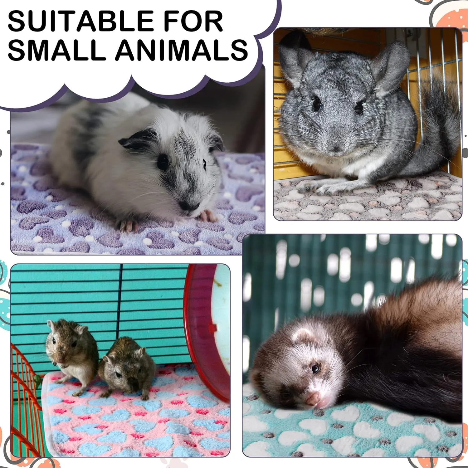 4 Pcs Waterproof Guinea Pig Blankets Washable Small Animal Fleece Bedding Absorbent Guinea Pig Cage Liners Reusable Pet Pee Pad Sleep Mat Pad Cover for Hamster Ferret (Heart Pattern,24 x 16 Inch)