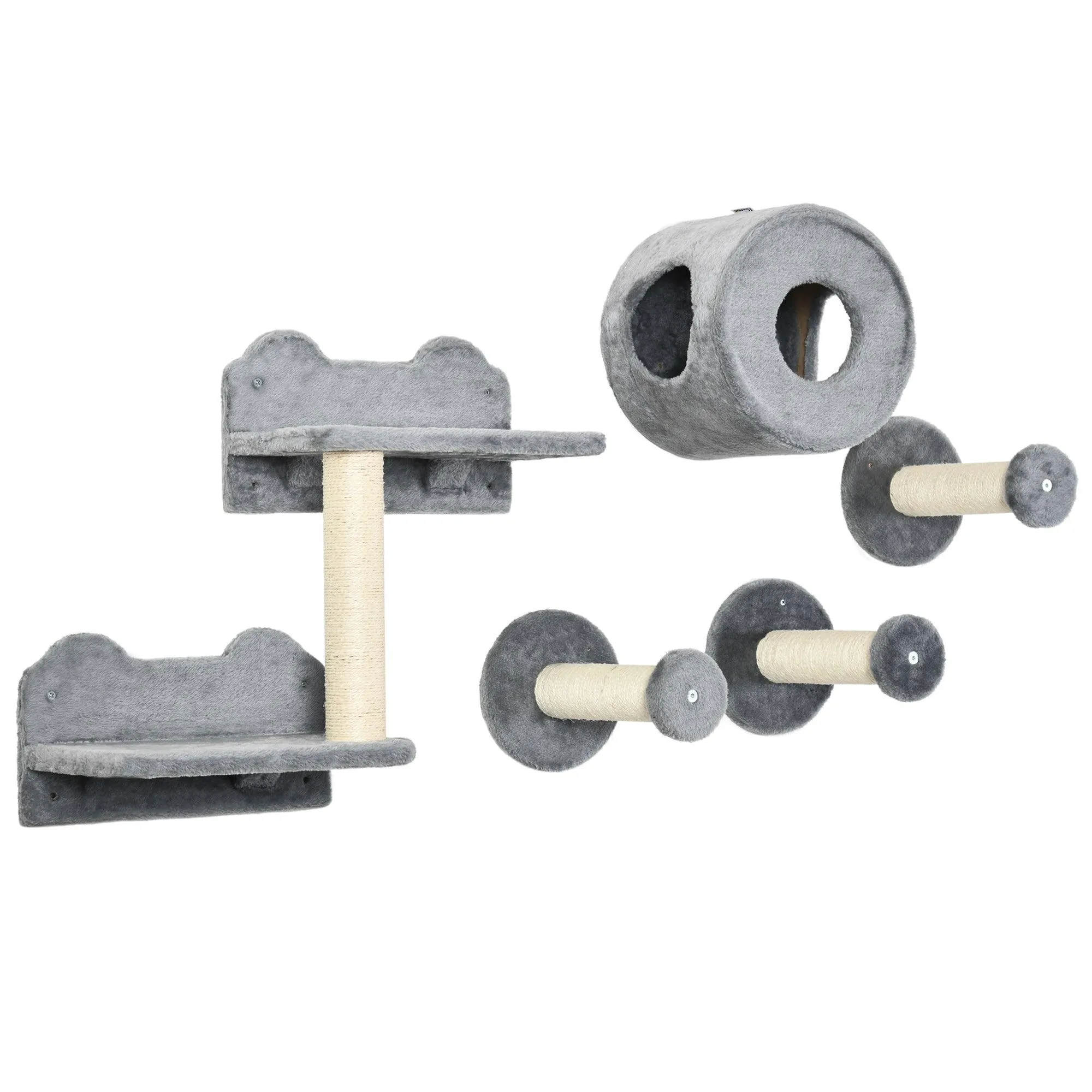 5-Piece Wall-Mounted Cat Shelf Set with Perch, Cat Condo, Scratching Post, Grey