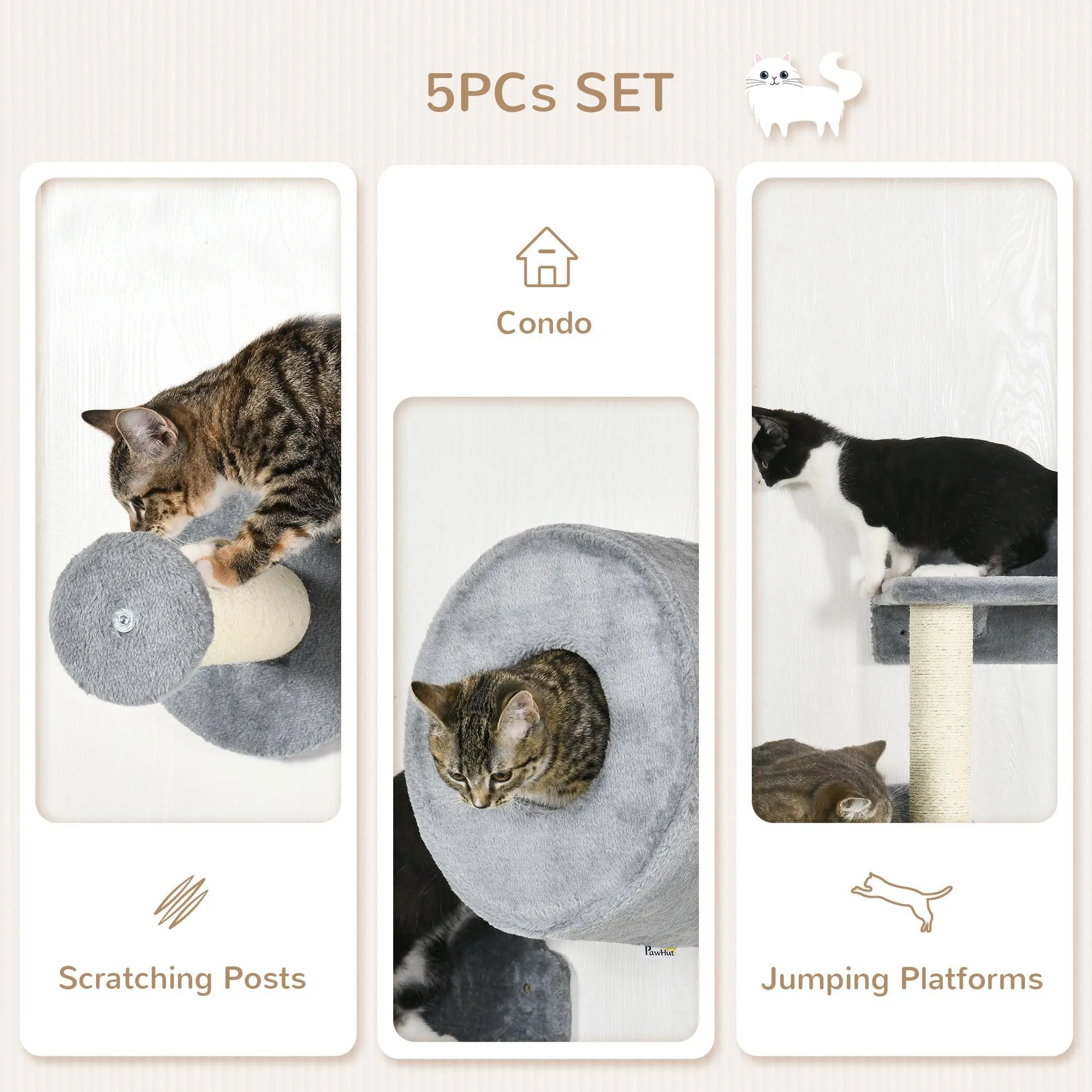 5-Piece Wall-Mounted Cat Shelf Set with Perch, Cat Condo, Scratching Post, Grey