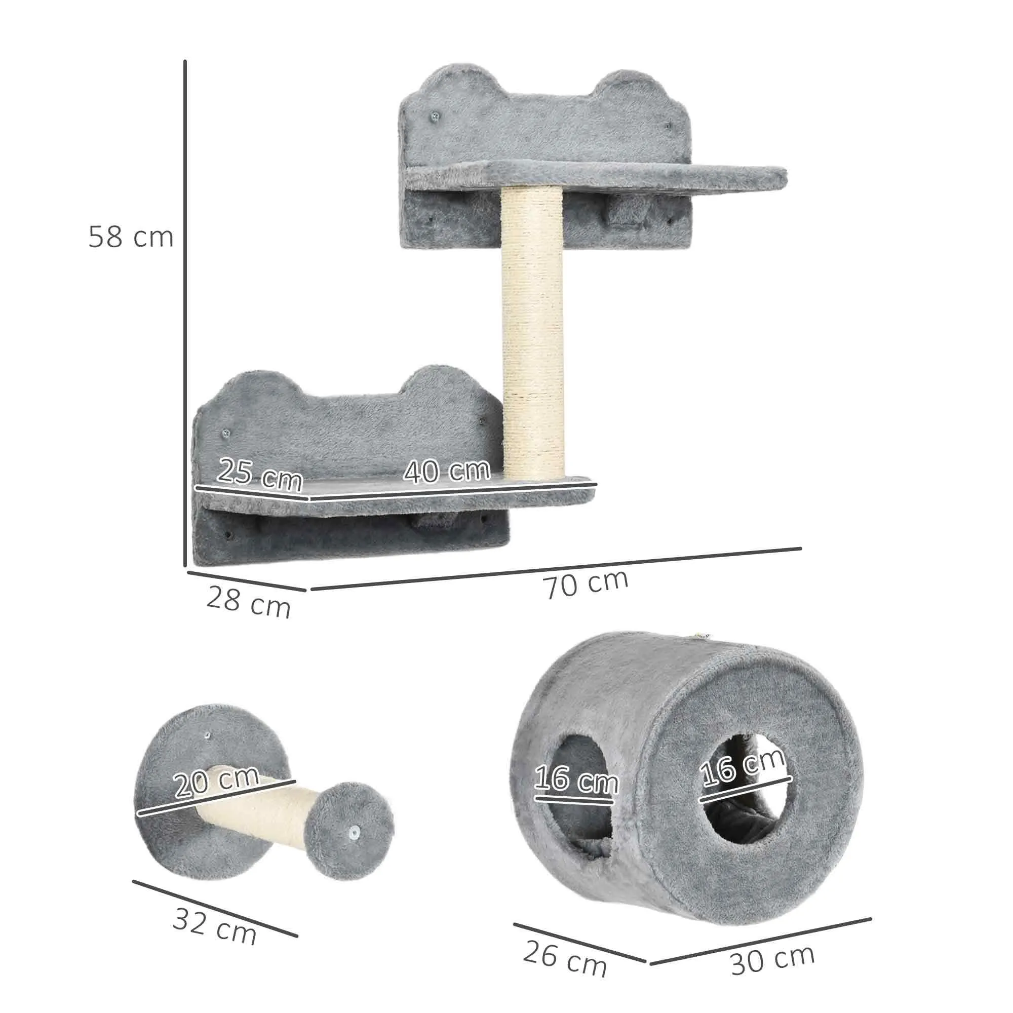 5-Piece Wall-Mounted Cat Shelf Set with Perch, Cat Condo, Scratching Post, Grey