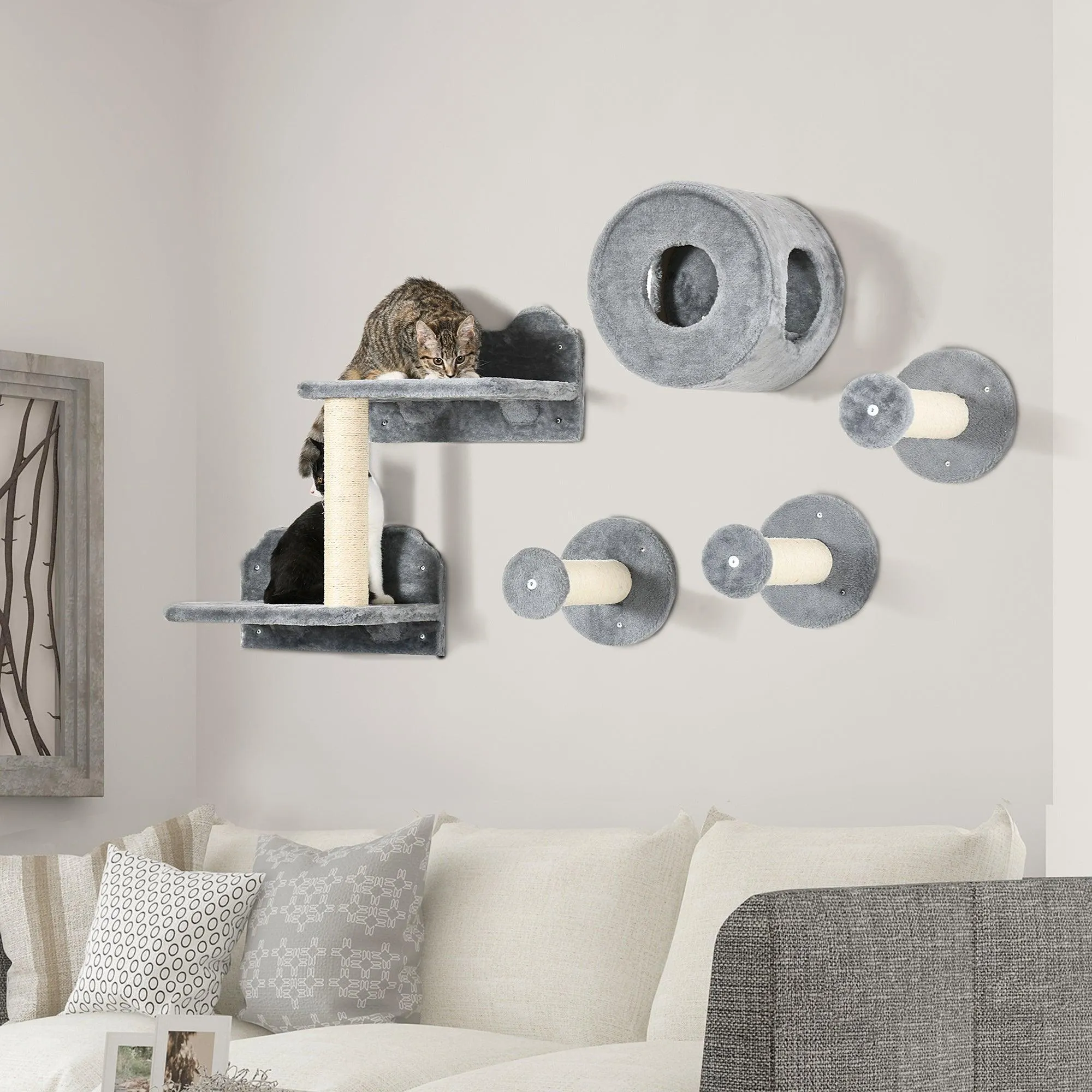 5-Piece Wall-Mounted Cat Shelf Set with Perch, Cat Condo, Scratching Post, Grey