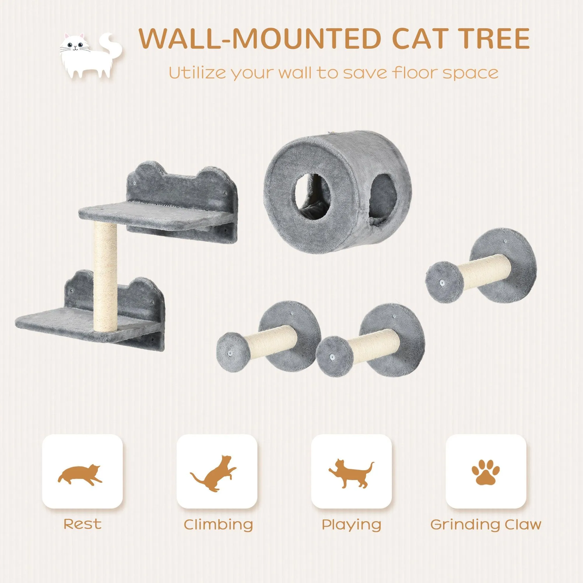 5-Piece Wall-Mounted Cat Shelf Set with Perch, Cat Condo, Scratching Post, Grey