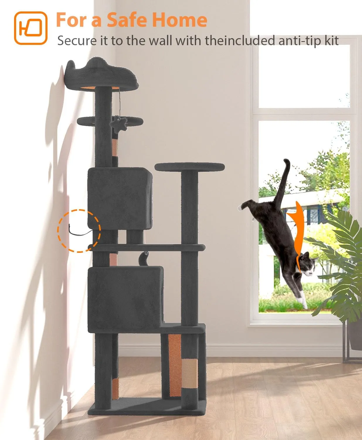 60" Cat Tree Tower for Indoor Cats Large Adult,Cute/Tall Modern Cat Tree for Big Cats 20 lbs, Plush Multi-Level Cat Condo with Scratching Posts,Dangling Ball (Smoky Gray, 60 inch)