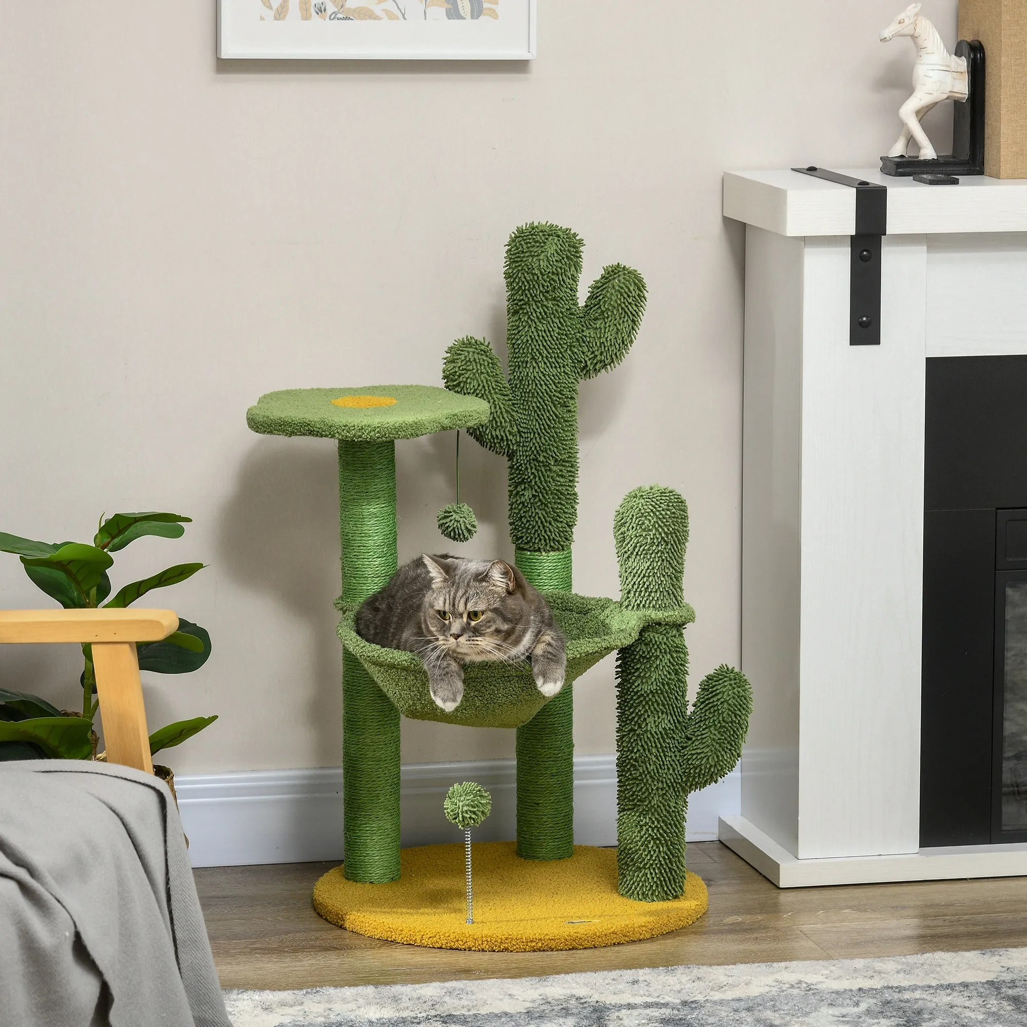 82cm Chenille Cactus Cat Tree with Scratching Post Hammock Green