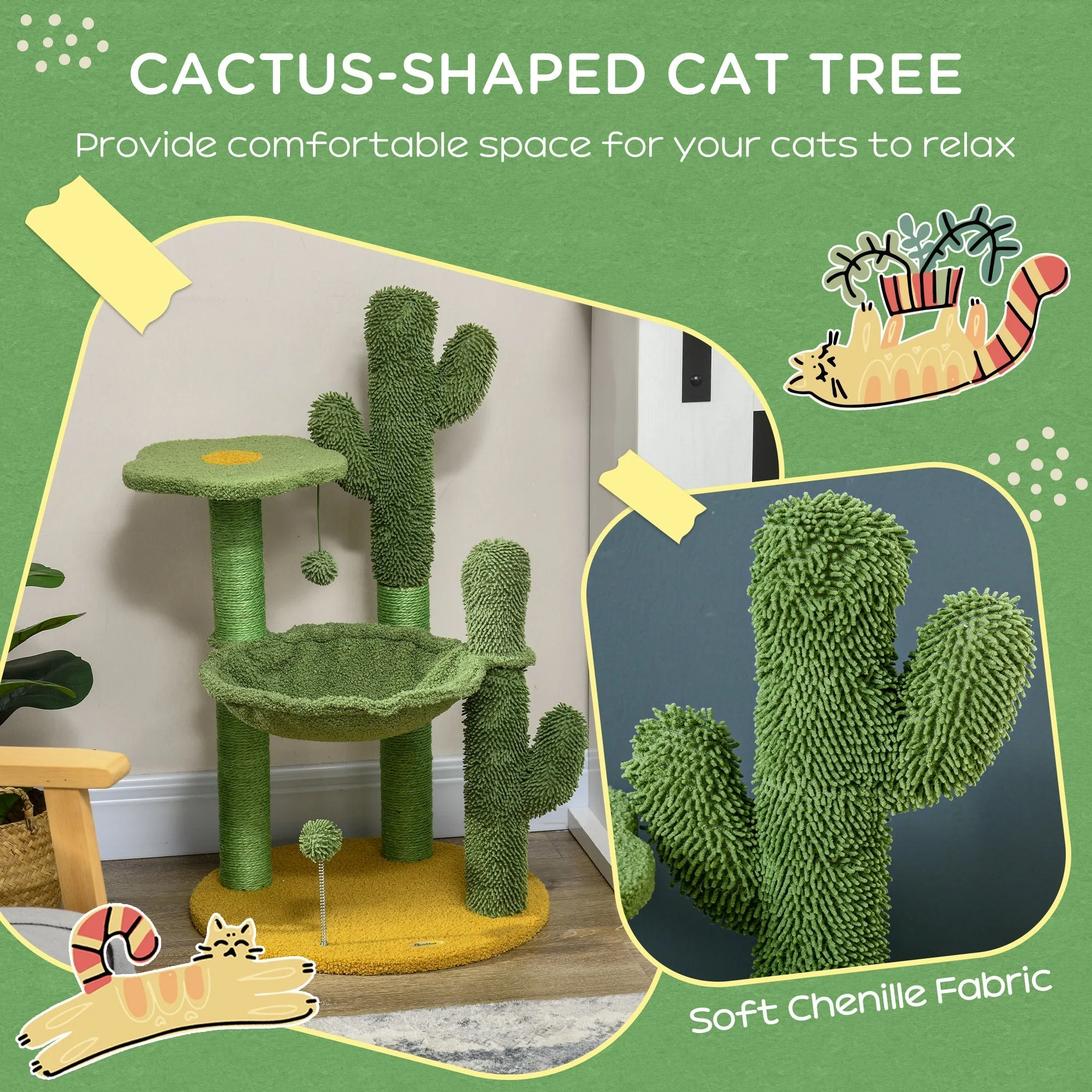 82cm Chenille Cactus Cat Tree with Scratching Post Hammock Green