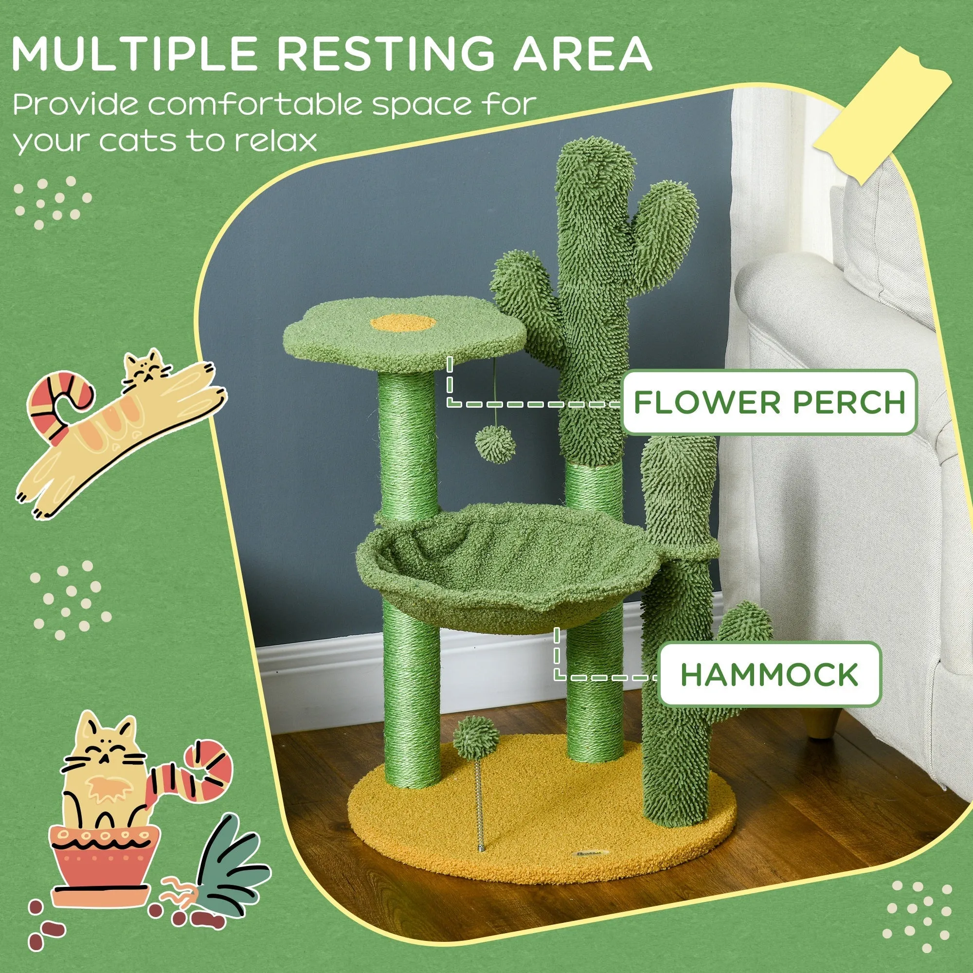 82cm Chenille Cactus Cat Tree with Scratching Post Hammock Green