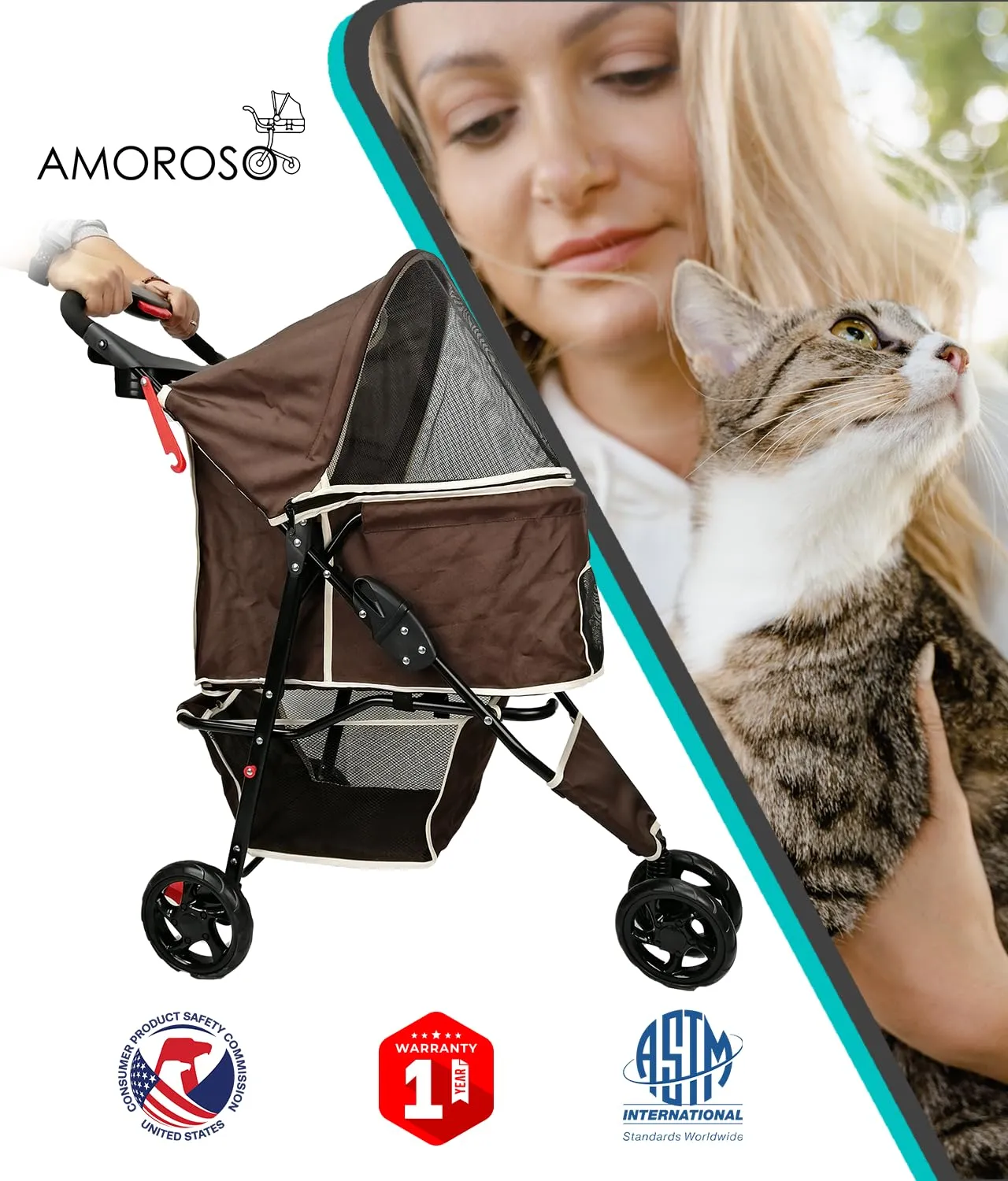 AmorosO Pet Stroller for Convenience and Mobility | Effortless Cat and Dog Pet Carrier | Storage Compartment & Foldable for Easy Walking and Transport | Indoor and Outdoor Uses | Coffee Pet Carrier