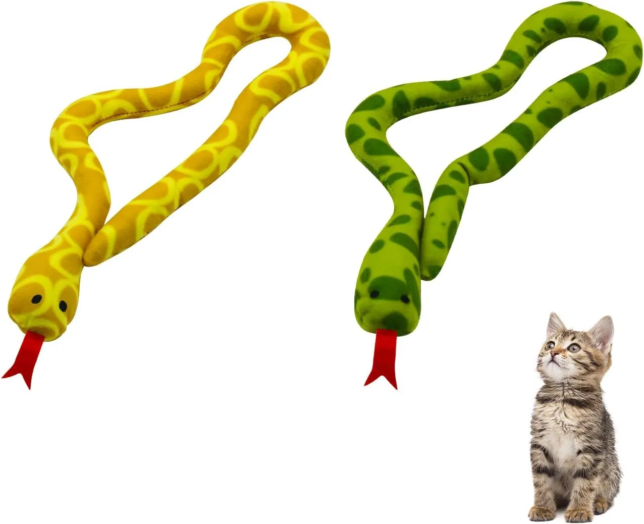 Andiker 2PCS Snake Cat Toys, 23.6 Inches Long Realistic Snake Shape Cat Plush Toy with Bite-Resistant Fabric Interactive Cats Toy for Indoor Cats to Bite Chew Keep Teeth Clean (Yellow&Green)
