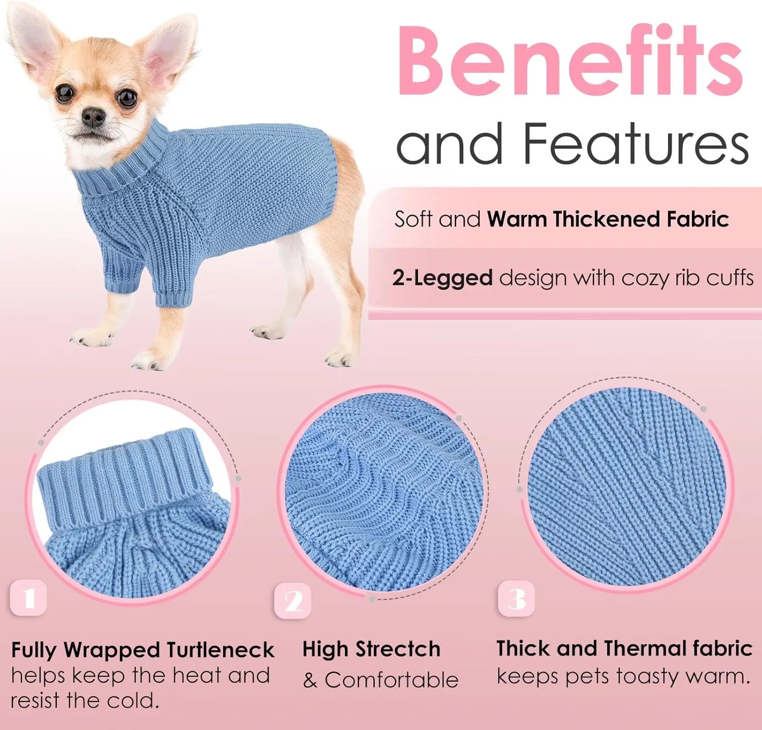 AOFITEE Small Dog Christmas Sweater, Solid Knitted Pullover, Turtleneck Puppy Cat Sweatshirt for Girls Boys, Warm for Chihuahua, Yorkie S Blue