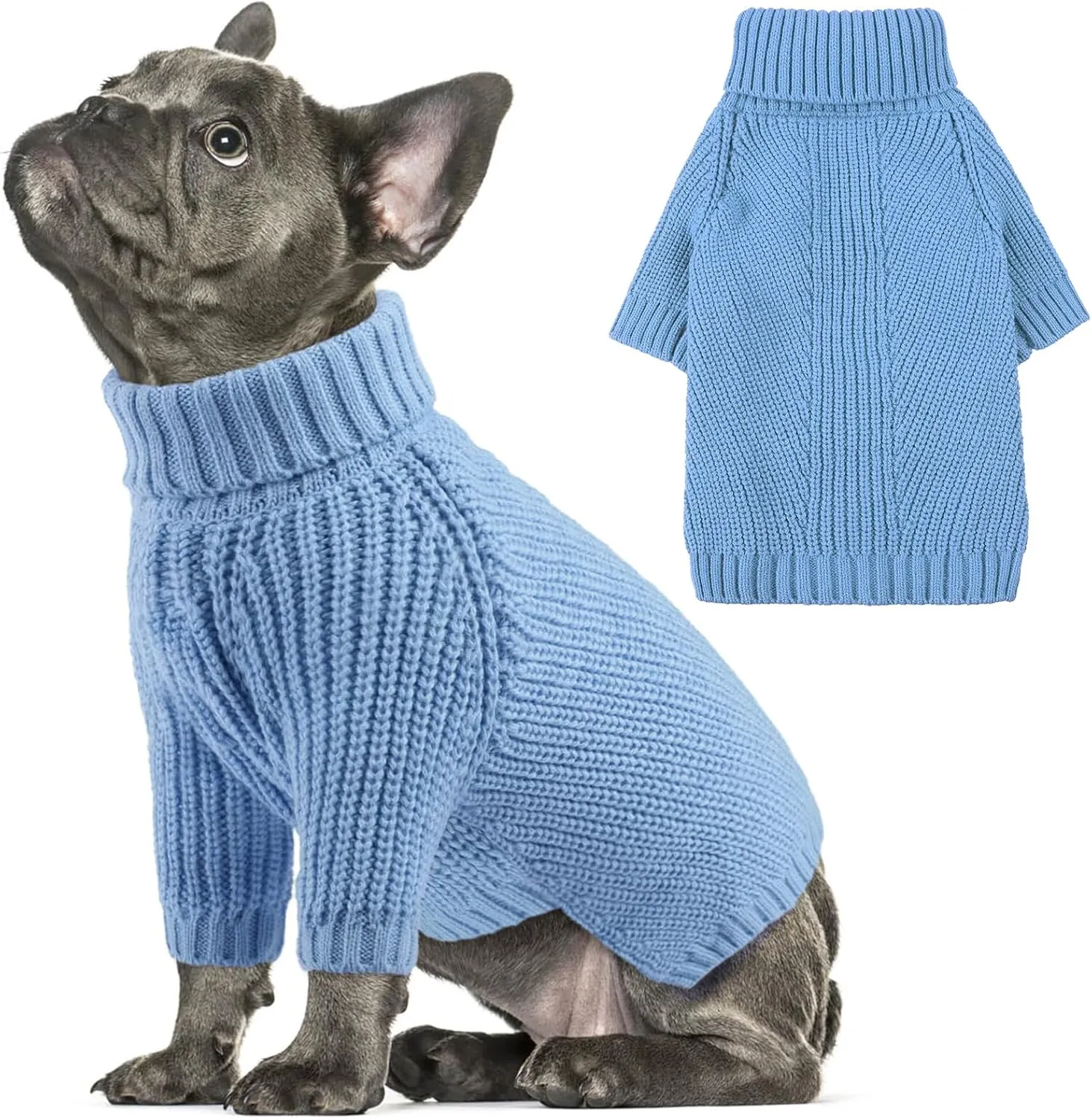 AOFITEE Small Dog Christmas Sweater, Solid Knitted Pullover, Turtleneck Puppy Cat Sweatshirt for Girls Boys, Warm for Chihuahua, Yorkie S Blue