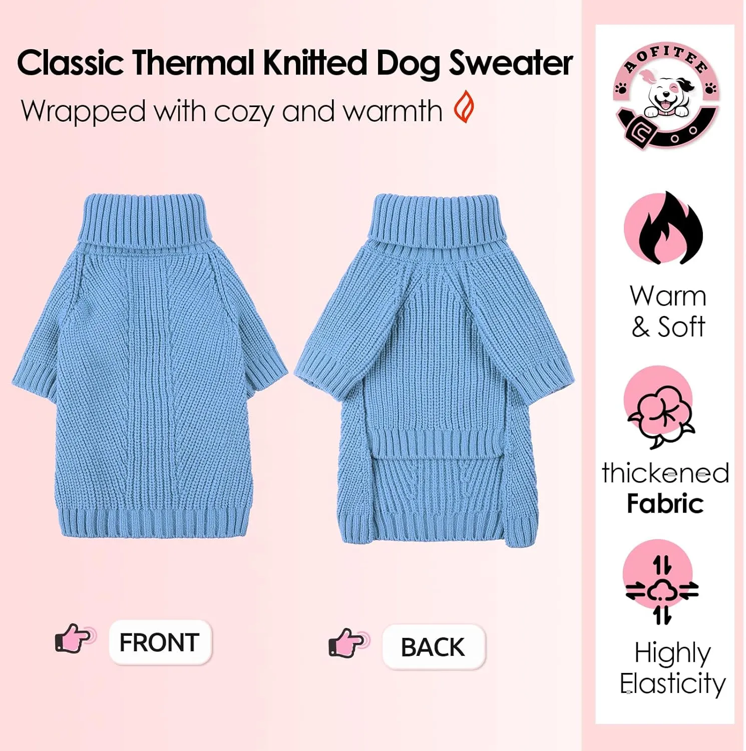 AOFITEE Small Dog Christmas Sweater, Solid Knitted Pullover, Turtleneck Puppy Cat Sweatshirt for Girls Boys, Warm for Chihuahua, Yorkie S Blue