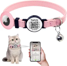 Apple AirTag Cat Collar with Breakaway Safety - Kitten Collar, Leather with Bell & Smart ID Tag, No App (Pink)