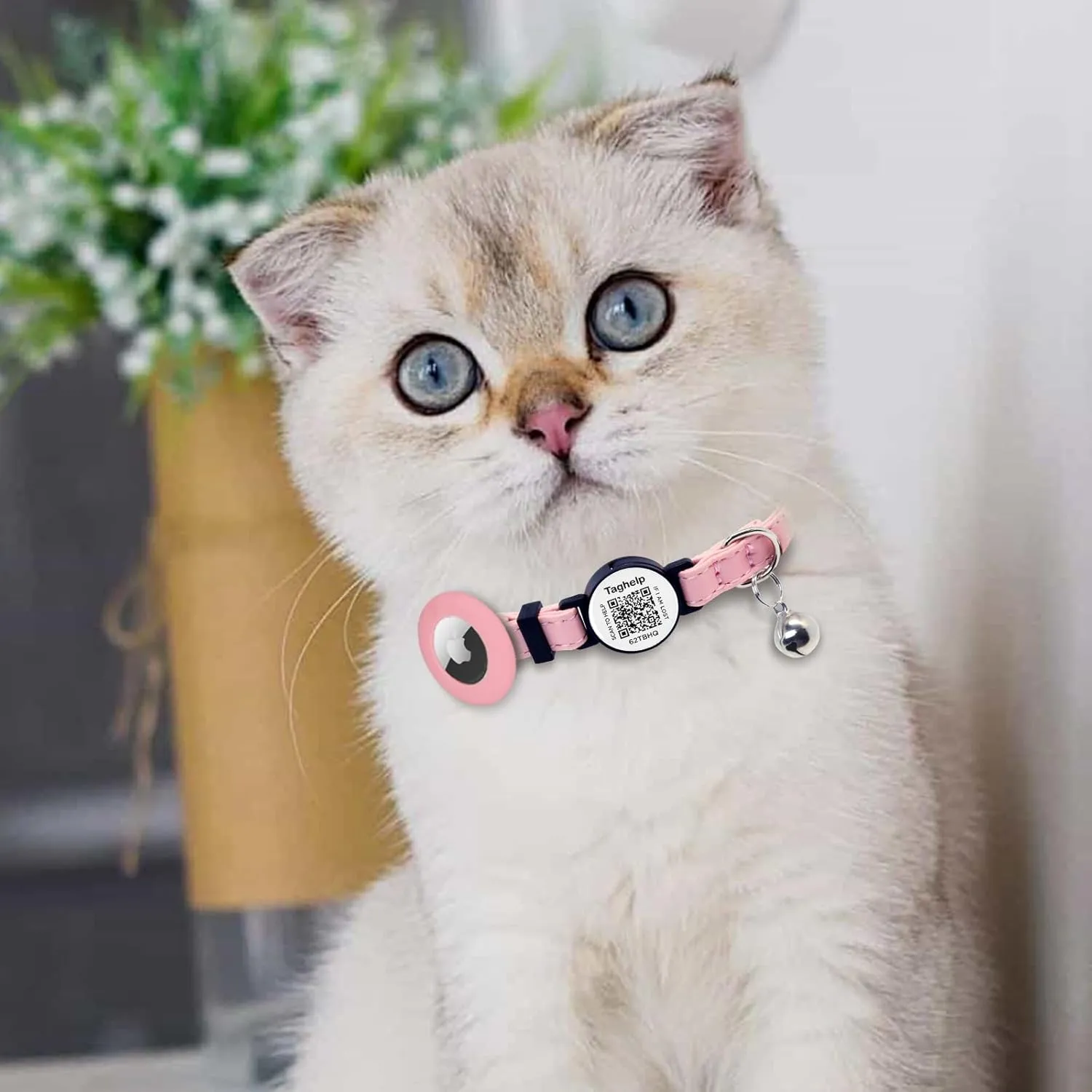 Apple AirTag Cat Collar with Breakaway Safety - Kitten Collar, Leather with Bell & Smart ID Tag, No App (Pink)