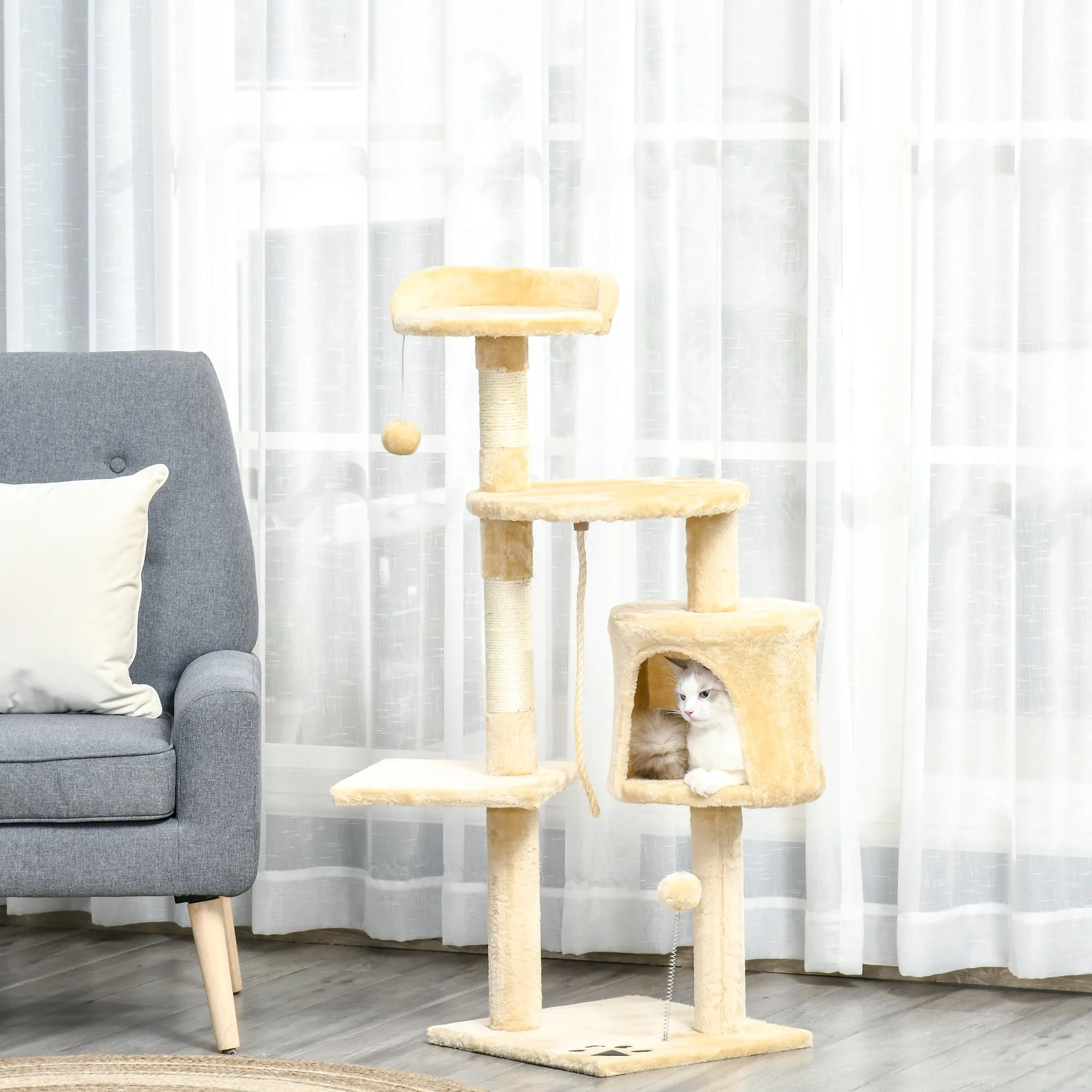 Cat Tree House 114H cm-Beige