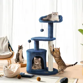 ClevaHome Small Deep Denim Blue Cat Tree for Small Spaces, Kittens, 33.5" Multi-Level Condo with Sisal Scratching Post, Plush Perches & Interactive Pompom Toy for Indoor Cats