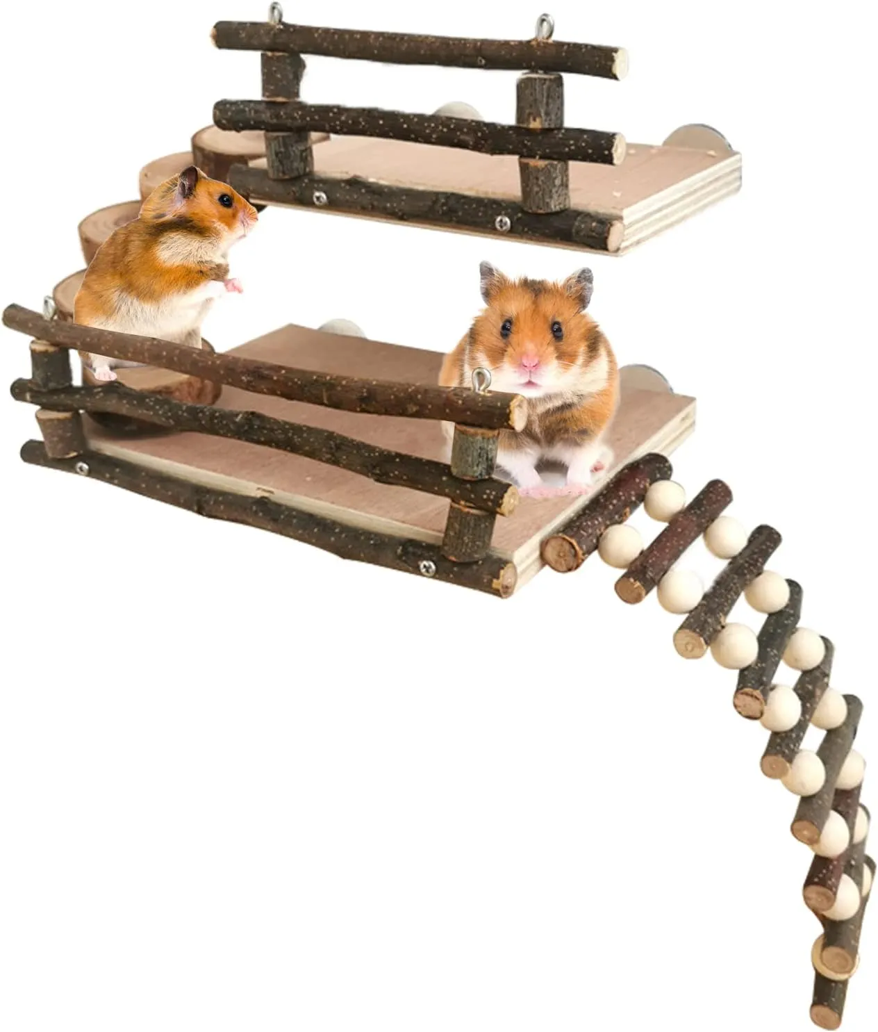Fhiny Hamster Climbing Toys, 2 Layer Wooden Activity Platform with Bridge Hanging Playground Cage Accessories Hamster Wood Chewing Toys for Dwarf Hamsters Gerbils Small Pets