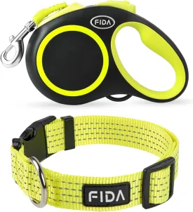 Fida Retractable Dog Leash and Reflective Dog Collar Set, Nylon Dog Collars with Neon Colors for Small/Medium/Large Dogs, High Visibility Dog Collars with Safety Locking Buckle(Medium, Neon Yellow)