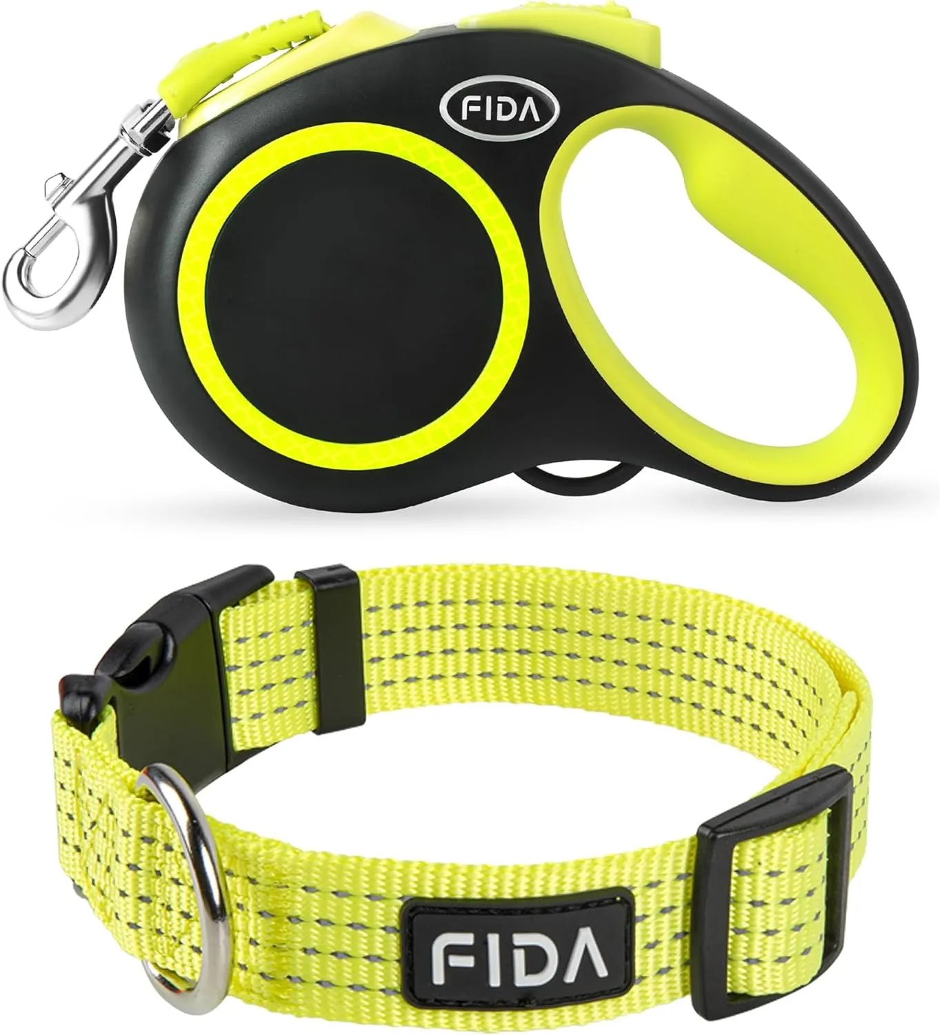 Fida Retractable Dog Leash and Reflective Dog Collar Set, Nylon Dog Collars with Neon Colors for Small/Medium/Large Dogs, High Visibility Dog Collars with Safety Locking Buckle(Medium, Neon Yellow)