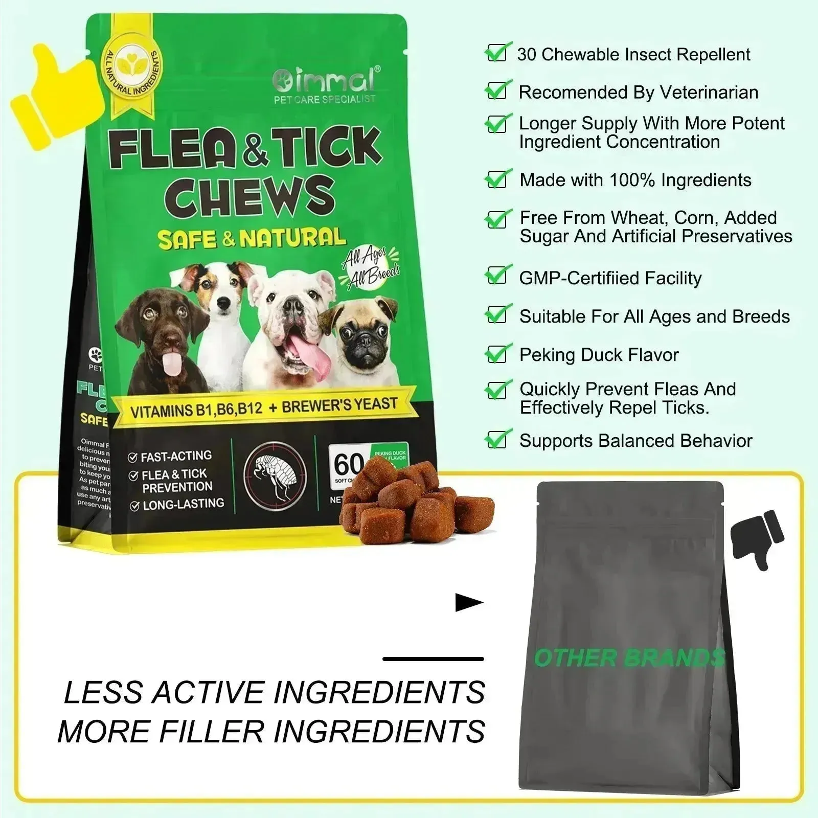 Flea & Tick Prevention for Dogs, 60 Chewables, Natural Fast-Acting